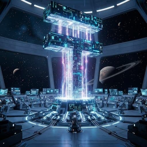 A glowing ₸ monolith inside a space station