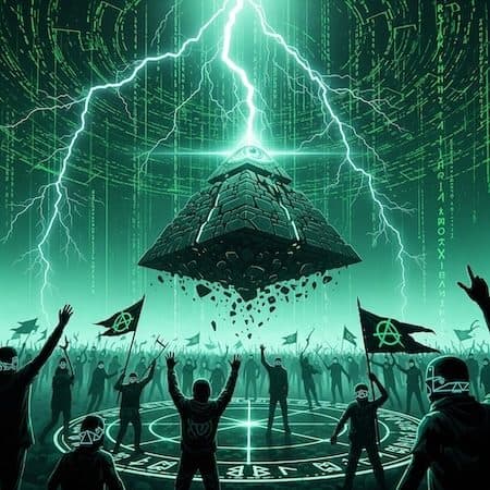 被闪电击中的金字塔下举着旗帜的人群
